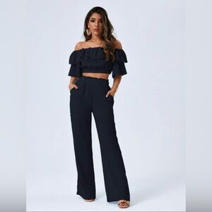 Brand New Black Off-Shoulder Ruffle Crop Top & Wide-Leg Pants Set Size S